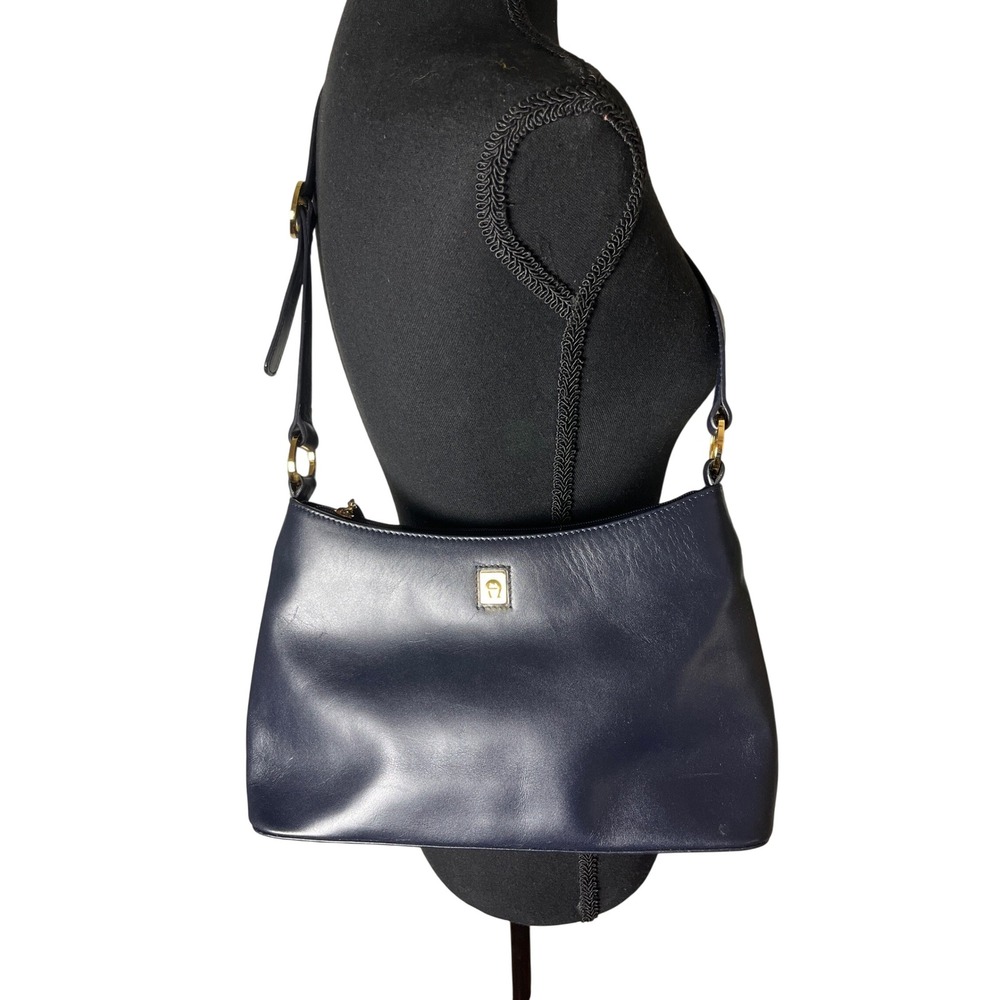 Vtg Etienne Aigner Navy Blue Leather Bag Minimalist Y2K Shoulder Bag Baguette